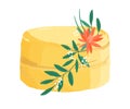 Wedding or birthday dessert decorated with flower and leaves. Festive layered lemon cake topped with yellow mirror glaze