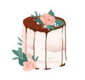 Wedding or birthday dessert decorated with rose flower, leaves and drippy topping. Festive layered creamy cake topped