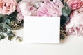 Wedding, Birthday Stationery Mock-up Scene. Blank Greeting Card, Invitation. Decorative Floral Composition. Closeup Of