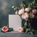 White greeting card. Decorative floral corner. Pink English roses and ranunculus flowers created with Generative AI Royalty Free Stock Photo