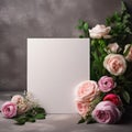 White greeting card. Decorative floral corner. Pink English roses and ranunculus flowers created with Generative AI Royalty Free Stock Photo