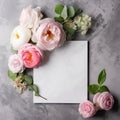 White greeting card. Decorative floral corner. Pink English roses and ranunculus flowers created with Generative AI