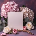 Blank white paper greeting card, invitation. Pink roses and peonies created with Generative AI Royalty Free Stock Photo