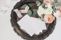 Wedding, birthday stationery still life. Bouquet of pink English roses, Ranunculus and Astrantia flowers , eucalyptus