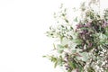 Wedding, birthday styled stock photo. Feminine scene, floral composition. Bunch of eucalyptus branches, baby`s breath