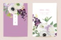 Wedding black currant floral vector card, berry fruits, flowers, leaves invitation. Watercolor anemone, peony