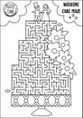 Wedding black and white maze for kids with big cake, bride and groom figurines. Marriage ceremony preschool printable activity. Royalty Free Stock Photo