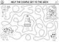 Wedding black and white maze for kids with bride, groom, cake. Marriage ceremony preschool printable activity, coloring page.