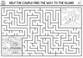 Wedding black and white maze for kids with bride and groom going to honeymoon. Marriage ceremony preschool printable activity with