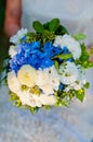 Wedding bouquet of blue and white flowers Royalty Free Stock Photo