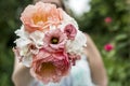 Wedding bouquet of flowers held by bride closeup. Pink flower Royalty Free Stock Photo