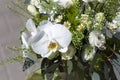 Wedding bouquet of flowers. White flower. The bouquet stands on a wooden box Royalty Free Stock Photo