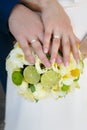 Wedding bouquet in hands of the bride and groom Royalty Free Stock Photo