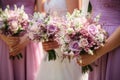 Wedding bouquet in hands of the bride and groom, Wedding flowers, bride and bridesmaids holding their bouquets at wedding day, AI Royalty Free Stock Photo