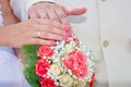 Wedding bouquet, hands and rings Royalty Free Stock Photo