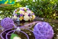 Wedding bouquet on the hood of a white retro car Royalty Free Stock Photo