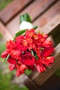 Wedding bouquet of mixed red roses on a bench Royalty Free Stock Photo