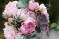 Wedding bouquet of peonies lying on the chair Royalty Free Stock Photo