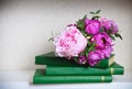 Wedding bouquet of a pink peonies, tulips and lily of the valle Royalty Free Stock Photo