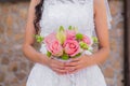 Wedding bouquet of pink roses and leaves Royalty Free Stock Photo