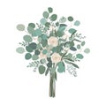 Wedding bouquet with rose flowers, seeded and silver dollar eucalyptus greenery.