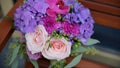 Wedding bouquet of roses. Bride`s bouquet on wedding day. Bouquet of different flowers. Bouquet of beautiful pink and Royalty Free Stock Photo