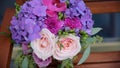 Wedding bouquet of roses. Bride`s bouquet on wedding day. Bouquet of different flowers. Bouquet of beautiful pink and Royalty Free Stock Photo