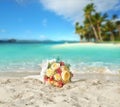 Wedding bouquet of roses on the shore of a tropical beach in the