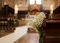 Wedding bouquet tied on the bench in Orvieto Cathedral Royalty Free Stock Photo