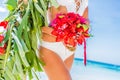 Wedding bouquet from tropical flowers in bride's hans on n Royalty Free Stock Photo