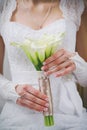 Wedding bouquet of white calla lilly flowers in hands of young bride Royalty Free Stock Photo