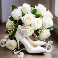 Wedding bouquet of white roses and brides shoes.