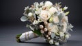 wedding bouquet with white roses and golden rings on a dark background Generative AI Royalty Free Stock Photo
