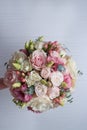 Wedding bouquet on with white roses on gray background in Valentine's day