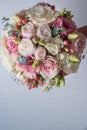 Wedding bouquet on with white roses on gray background in Valentine`s day