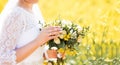 Wedding bouquet with yellow flowers. Bride`s bouquet in hand Royalty Free Stock Photo