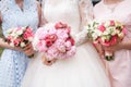 Wedding bouquets at the bride and bridesmaids