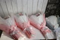 Wedding bouquets in pink and white wrapping paper