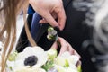 Wedding Boutonniere On Jacket Groom Elegant, Putting Small flower bouquet in the pocket