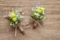 Wedding boutonniere with yellow chrysanthemum and gypsophila pan Royalty Free Stock Photo
