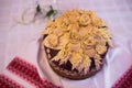 Closeup wedding loaf with flowers on a table. Wedding bread.