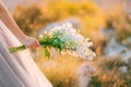 Wedding bridal bouquet of blue Delphinium in the hands of the br Royalty Free Stock Photo