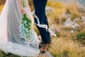 Wedding bridal bouquet of blue Delphinium in the hands of the br Royalty Free Stock Photo