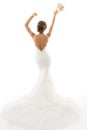 Wedding Bride Back Rear View, Elegant Woman in Beautiful Dress Arms Raised Up with Flowers, Studio Portrait on White