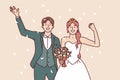 Wedding bride and groom with bouquet waving hand during festive marriage ceremony