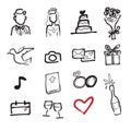 Wedding bride and groom drawing icons set