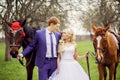 Wedding bride and groom walk with horses in the spring garden