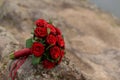 Wedding bride`s bouquet of red flowers roses of color Marsala lies on a log by the lake . wedding background with copy space