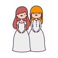 Wedding brides women in elegant dress cartoon