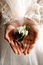 Wedding buttonhole in bridal hands close up Royalty Free Stock Photo